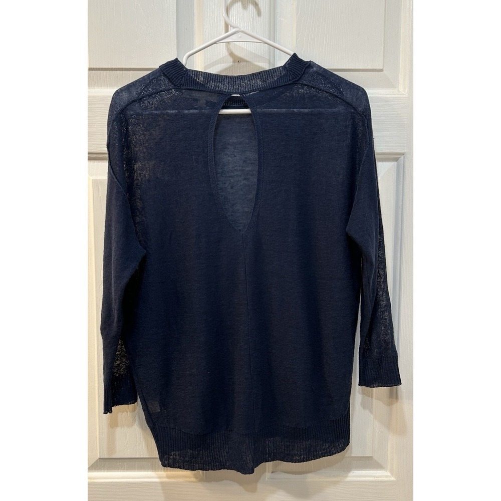 Inhabit 100% Linen Navy Top Sz S 3/4 Sleeve Cut Out Back Lightweight Semi Sheer